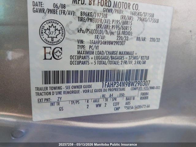 Продажа на аукционе авто 2008 Ford Focus Se, vin: 1FAHP34N98W290307, номер лота: 20257259