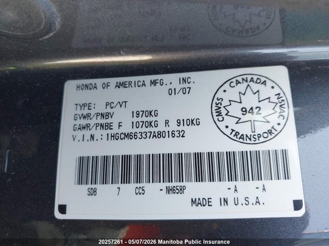 Продажа на аукционе авто 2007 Honda Accord Ex-l V6, vin: 1HGCM66337A801632, номер лота: 20257261