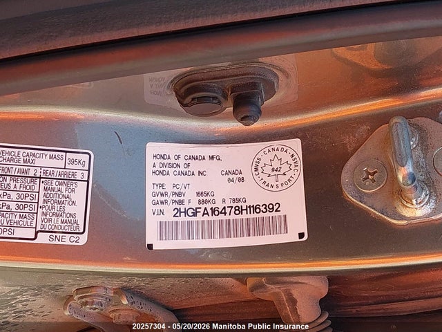 Aukcja sprzedaży 2008 Honda Civic Dx-g, vin: 2HGFA16478H116392, numer aukcji: 20257304