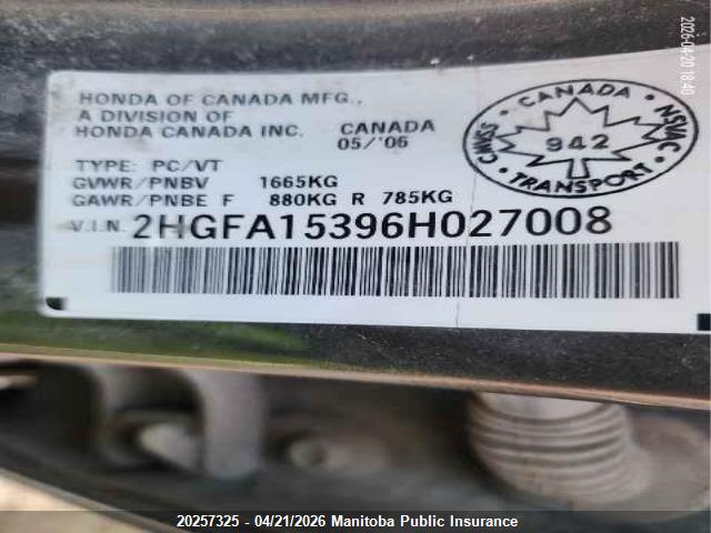 Aukcja sprzedaży 2006 Honda Civic Dx, vin: 2HGFA15396H027008, numer aukcji: 20257325