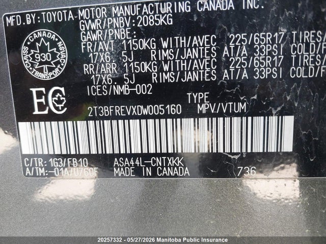 20257332 :رقم المزاد ، 2T3BFREVXDW005160 vin ، 2013 Toyota Rav4 Le مزاد بيع