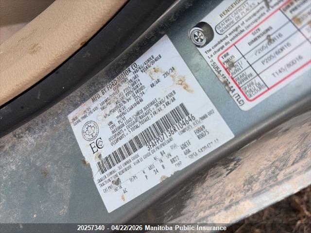 2006 Ford Fusion Se V6 მანქანა იყიდება აუქციონზე, vin: 3FAFP07136R104646, აუქციონის ნომერი: 20257340