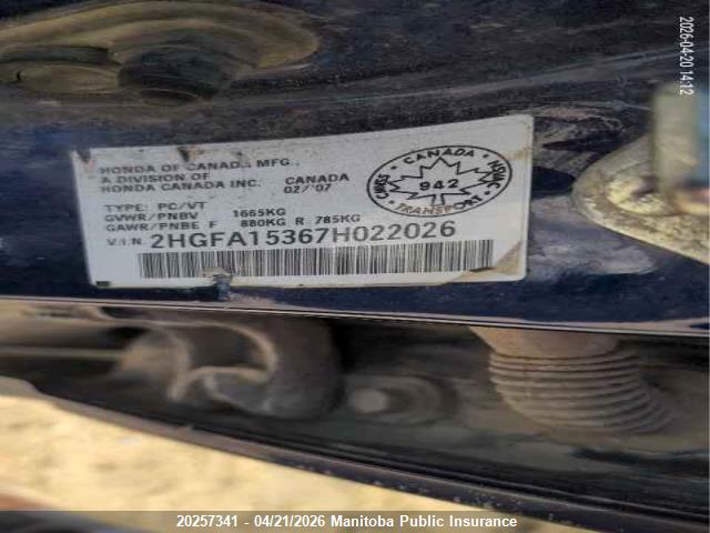 Aukcja sprzedaży 2007 Honda Civic Dx, vin: 2HGFA15367H022026, numer aukcji: 20257341