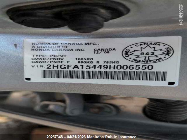 Aukcja sprzedaży 2009 Honda Civic Dx, vin: 2HGFA15449H006550, numer aukcji: 20257348