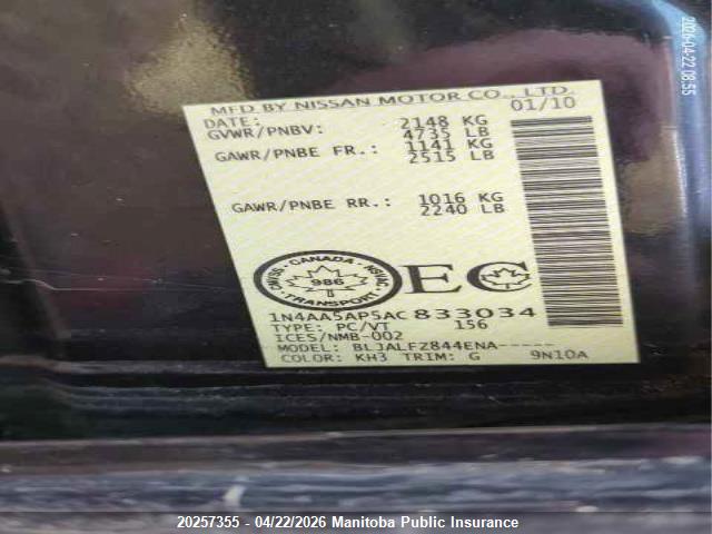 Продажа на аукционе авто 2010 Nissan Maxima 3.5 Sv, vin: 1N4AA5AP5AC833034, номер лота: 20257355