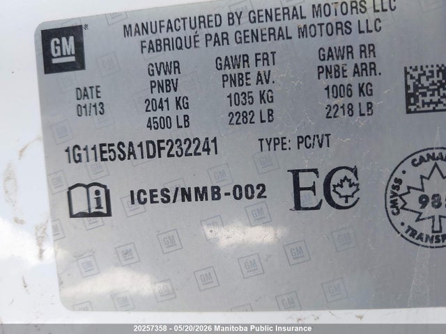 Продаж на аукціоні авто 2013 Chevrolet Malibu Lt, vin: 1G11E5SA1DF232241, номер лоту: 20257358