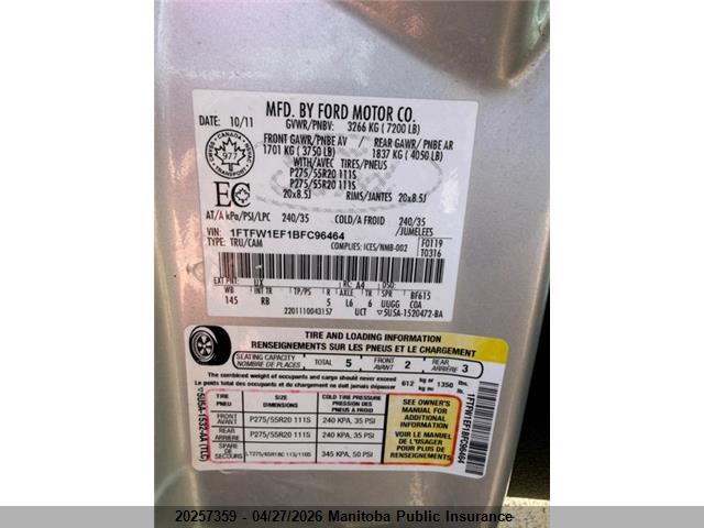 2011 Ford F150 Fx4 Supercrew მანქანა იყიდება აუქციონზე, vin: 1FTFW1EF1BFC96464, აუქციონის ნომერი: 20257359