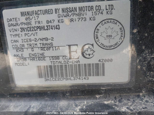 2017 Nissan Versa Note Sv მანქანა იყიდება აუქციონზე, vin: 3N1CE2CP9HL374143, აუქციონის ნომერი: 20257363