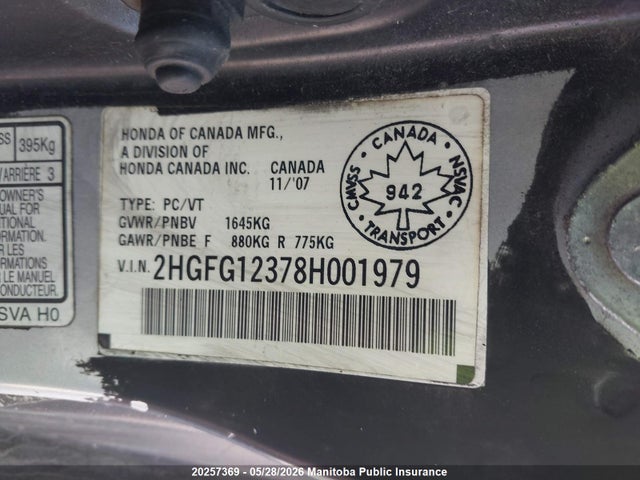 20257369 :رقم المزاد ، 2HGFG12378H001979 vin ، 2008 Honda Civic Dx-g مزاد بيع