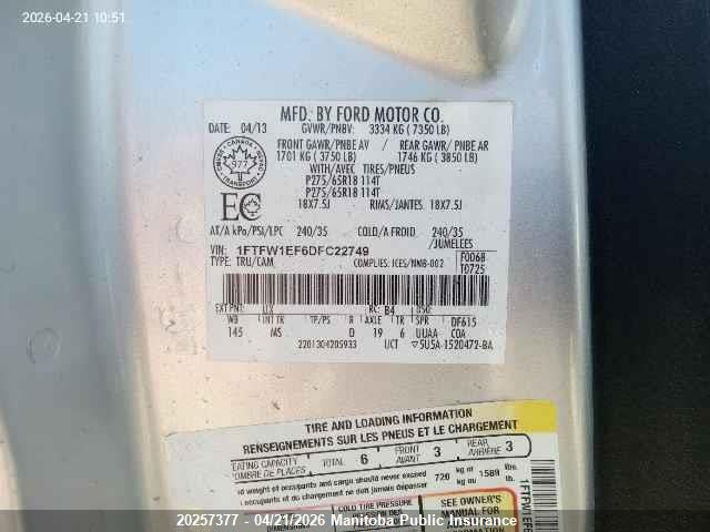 20257377 :رقم المزاد ، 1FTFW1EF6DFC22749 vin ، 2013 Ford F150 Xlt Supercrew مزاد بيع