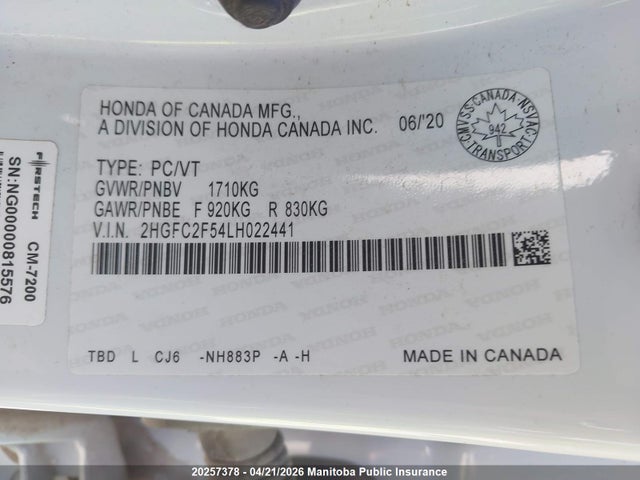 Продажа на аукционе авто 2020 Honda Civic Lx, vin: 2HGFC2F54LH022441, номер лота: 20257378