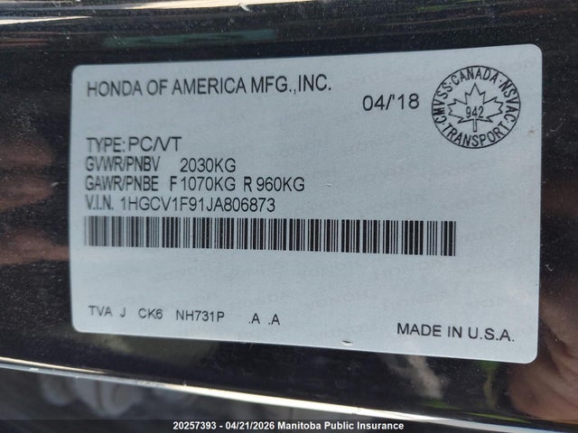 1HGCV1F91JA806873 Honda Accord Touring