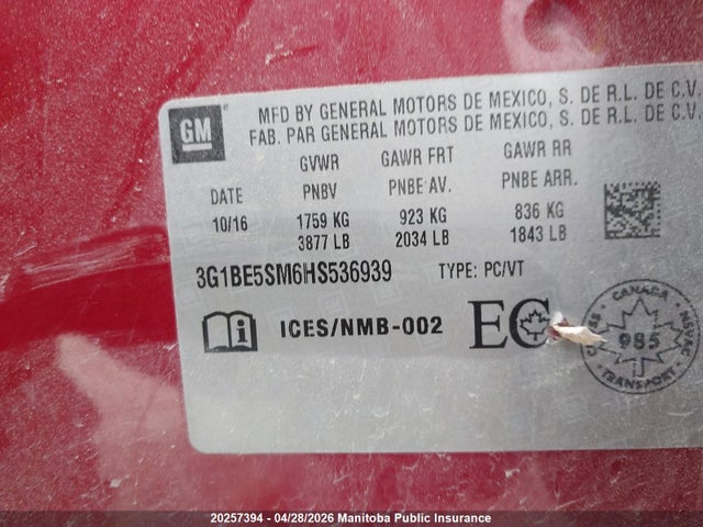 3G1BE5SM6HS536939 Chevrolet Cruze Lt Turbo