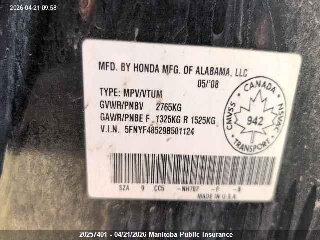 Aukcja sprzedaży 2009 Honda Pilot Ex-l, vin: 5FNYF48529B501124, numer aukcji: 20257401