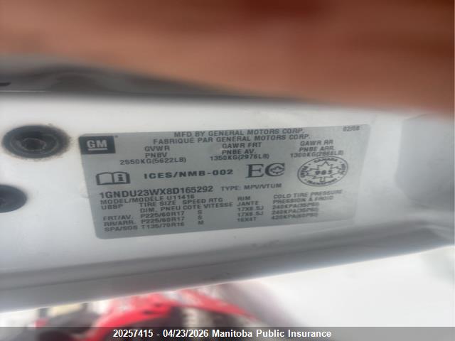 2008 Chevrolet Uplander Ls მანქანა იყიდება აუქციონზე, vin: 1GNDU23WX8D165292, აუქციონის ნომერი: 20257415