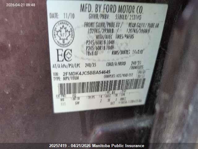 2011 Ford Edge Sel მანქანა იყიდება აუქციონზე, vin: 2FMDK4JC5BBA54645, აუქციონის ნომერი: 20257419