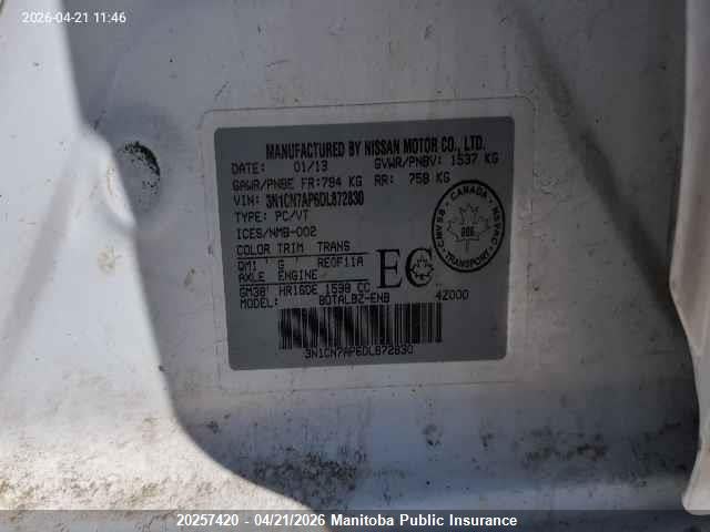 2013 Nissan Versa 1.6 Sv მანქანა იყიდება აუქციონზე, vin: 3N1CN7AP6DL872830, აუქციონის ნომერი: 20257420
