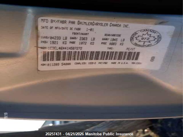 2001 Chrysler Sebring Lx მანქანა იყიდება აუქციონზე, vin: 1C3EL46X41N587272, აუქციონის ნომერი: 20257431