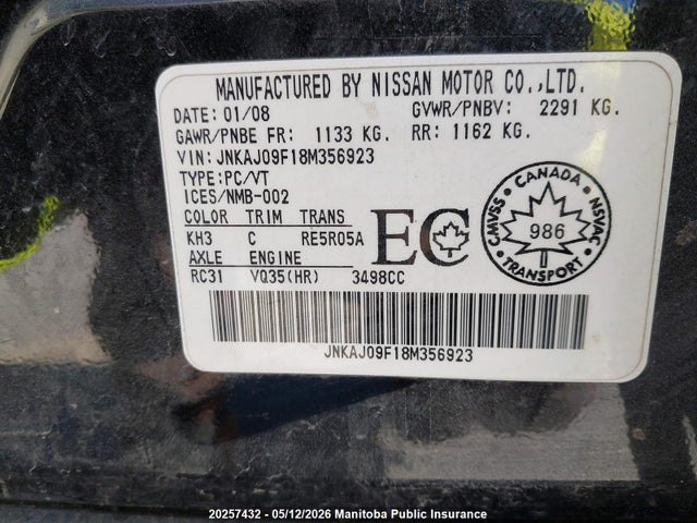 Aukcja sprzedaży 2008 Infiniti Ex35, vin: JNKAJ09F18M356923, numer aukcji: 20257432