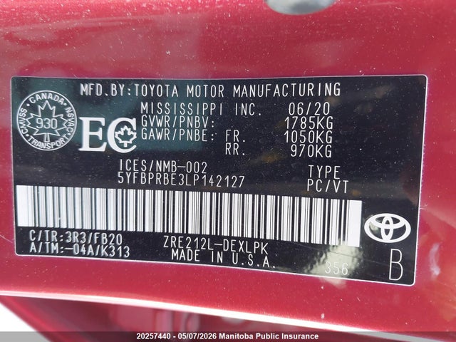 20257440 :رقم المزاد ، 5YFBPRBE3LP142127 vin ، 2020 Toyota Corolla Le مزاد بيع