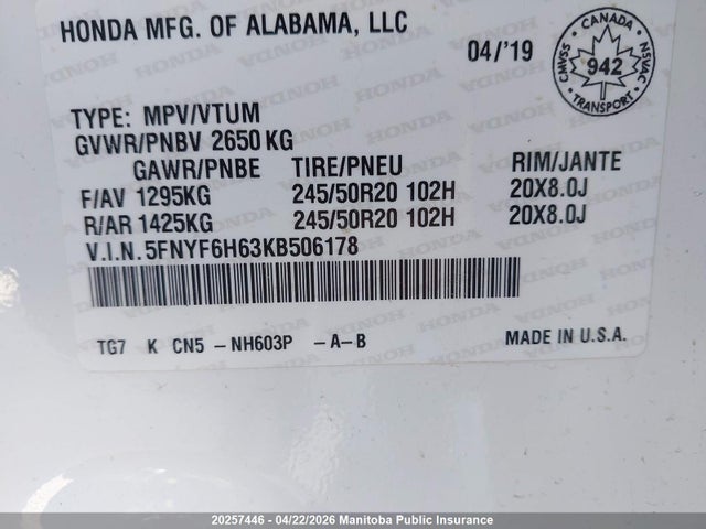 5FNYF6H63KB506178 Honda Pilot Touring