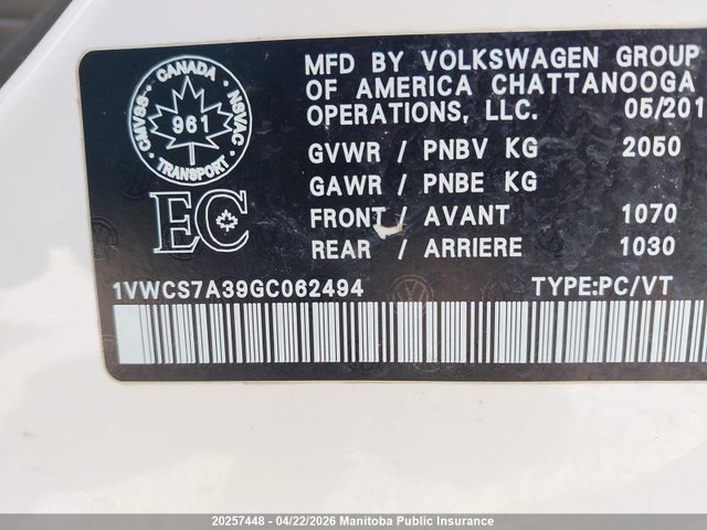 20257448 :رقم المزاد ، 1VWCS7A39GC062494 vin ، 2016 Volkswagen Passat 1.8 Tsi مزاد بيع