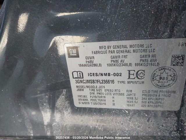 Aukcja sprzedaży 2015 Chevrolet Trax Lt, vin: 3GNCJMSB7FL236616, numer aukcji: 20257456
