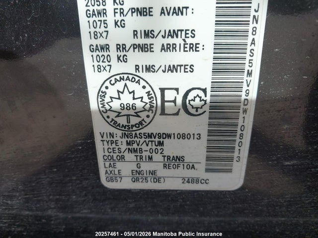 20257461 :رقم المزاد ، JN8AS5MV9DW108013 vin ، 2013 Nissan Rogue Sl مزاد بيع