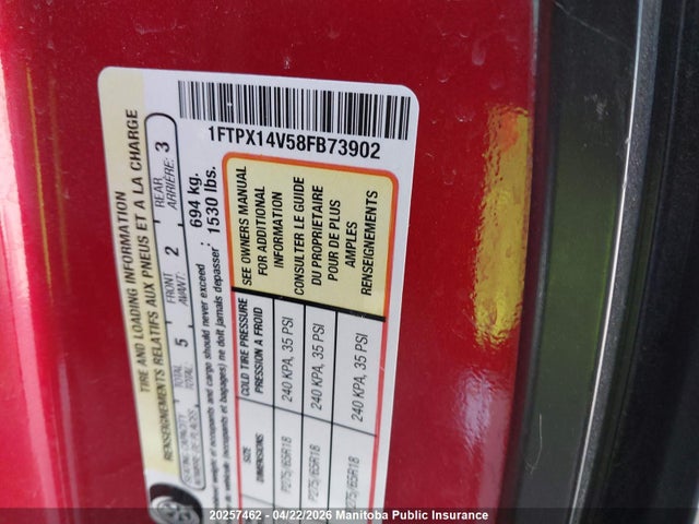 20257462 :رقم المزاد ، 1FTPX14V58FB73902 vin ، 2008 Ford F150 Lariat Supercab مزاد بيع
