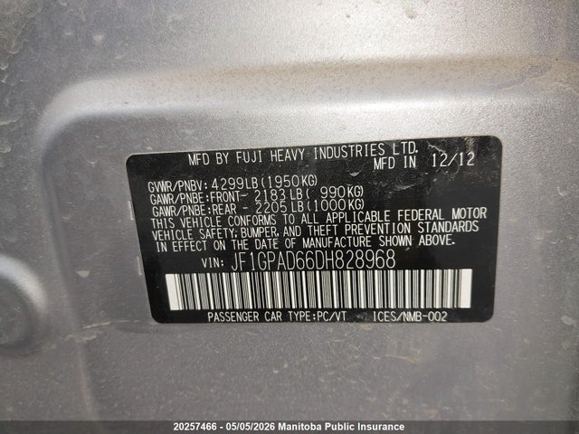 Продажа на аукционе авто 2013 Subaru Impreza 2.0i, vin: JF1GPAD66DH828968, номер лота: 20257466
