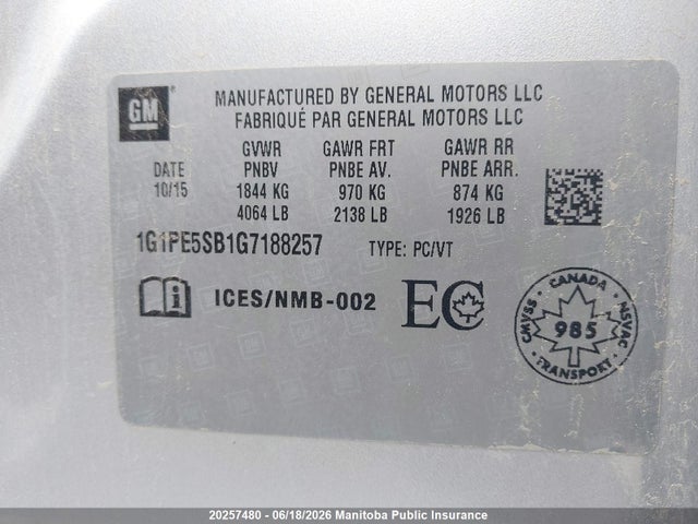 Продаж на аукціоні авто 2016 Chevrolet Cruze Lt Turbo, vin: 1G1PE5SB1G7188257, номер лоту: 20257480