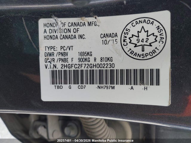 Продажа на аукционе авто 2016 Honda Civic Ex, vin: 2HGFC2F72GH002230, номер лота: 20257481