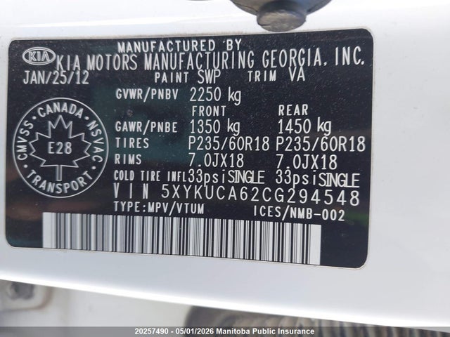 Продаж на аукціоні авто 2012 Kia Sorento Ex, vin: 5XYKUCA62CG294548, номер лоту: 20257490