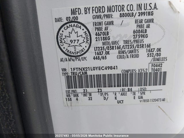 Продажа на аукционе авто 2000 Ford F250 Sd Supercab, vin: 1FTNX21L0YEC49841, номер лота: 20257493