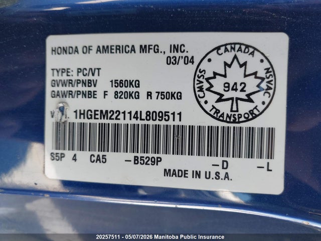 2004 Honda Civic Dx მანქანა იყიდება აუქციონზე, vin: 1HGEM22114L809511, აუქციონის ნომერი: 20257511