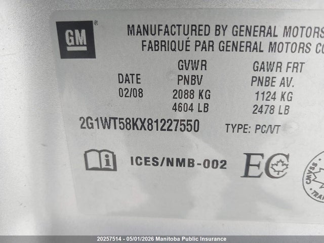 2008 Chevrolet Impala Lt V6 მანქანა იყიდება აუქციონზე, vin: 2G1WT58KX81227550, აუქციონის ნომერი: 20257514