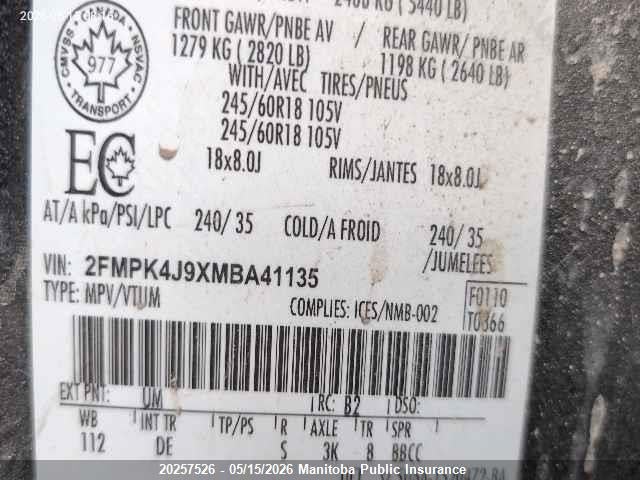 20257526 :رقم المزاد ، 2FMPK4J9XMBA41135 vin ، 2021 Ford Edge Sel مزاد بيع