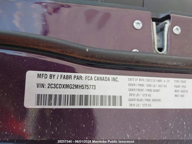 20257540 :رقم المزاد ، 2C3CDXMG2MH575773 vin ، 2021 Dodge Charger Gt مزاد بيع