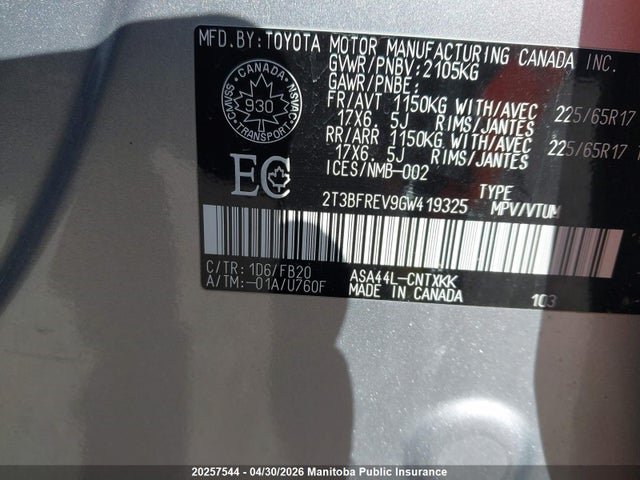 2016 Toyota Rav4 Le მანქანა იყიდება აუქციონზე, vin: 2T3BFREV9GW419325, აუქციონის ნომერი: 20257544