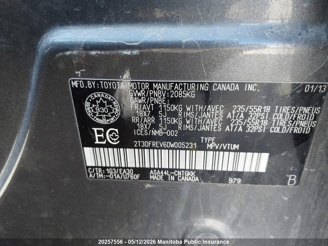 20257556 :رقم المزاد ، 2T3DFREV6DW005231 vin ، 2013 Toyota Rav4 Limited مزاد بيع