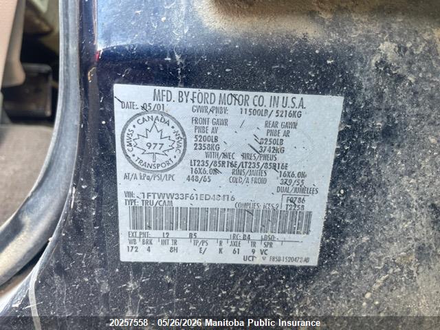 20257558 :رقم المزاد ، 1FTWW33F61ED48416 vin ، 2001 Ford F350 Sd Crew Cab مزاد بيع