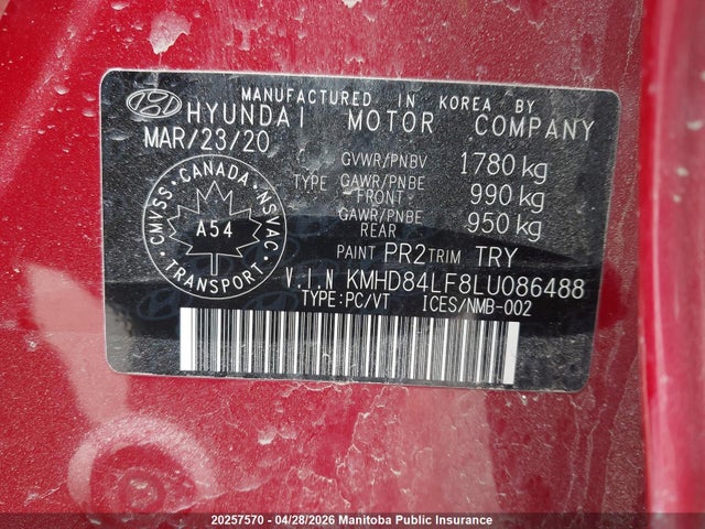 2020 Hyundai Elantra Preferred მანქანა იყიდება აუქციონზე, vin: KMHD84LF8LU086488, აუქციონის ნომერი: 20257570