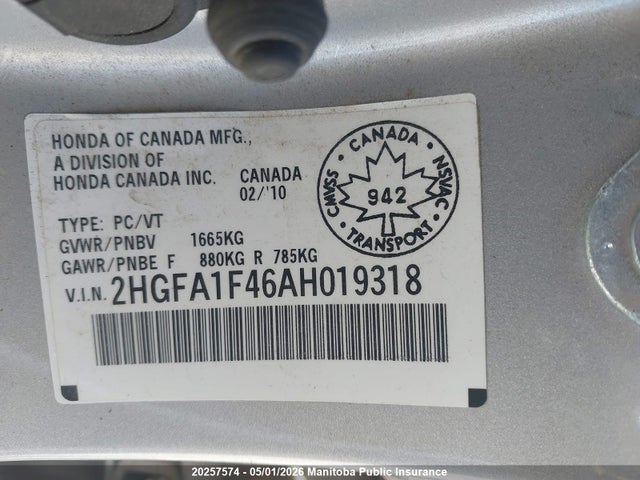 Продаж на аукціоні авто 2010 Honda Civic Dx-g, vin: 2HGFA1F46AH019318, номер лоту: 20257574