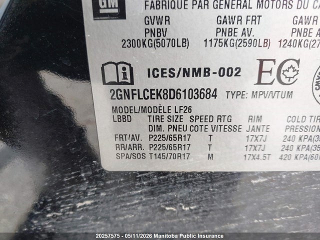 20257575 :رقم المزاد ، 2GNFLCEK8D6103684 vin ، 2013 Chevrolet Equinox Ls مزاد بيع