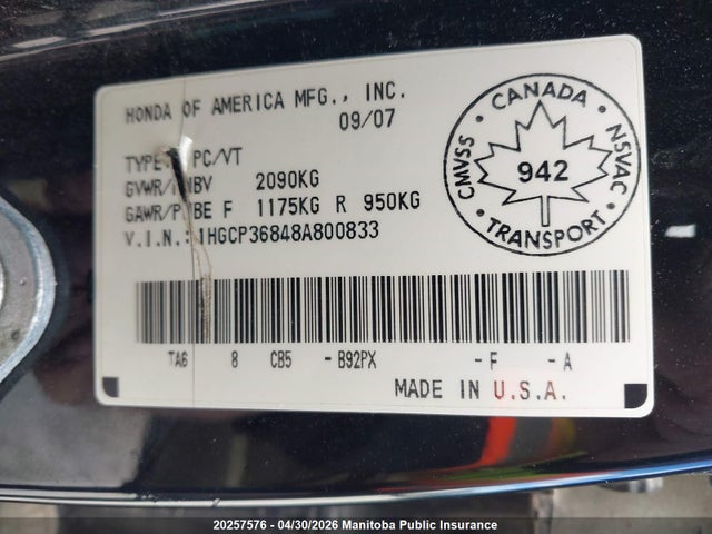 20257576 :رقم المزاد ، 1HGCP36848A800833 vin ، 2008 Honda Accord Ex-l V6 مزاد بيع
