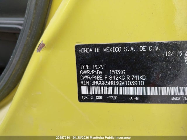 3HGGK5H83GM103910 Honda Fit Ex-l