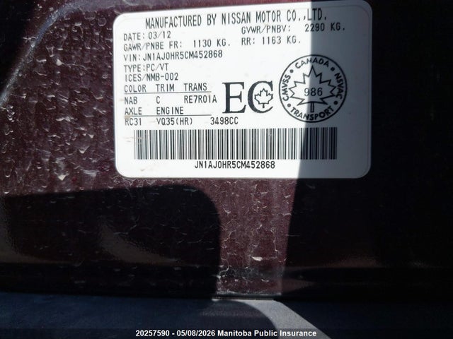 Aukcja sprzedaży 2012 Infiniti Ex35, vin: JN1AJ0HR5CM452868, numer aukcji: 20257590