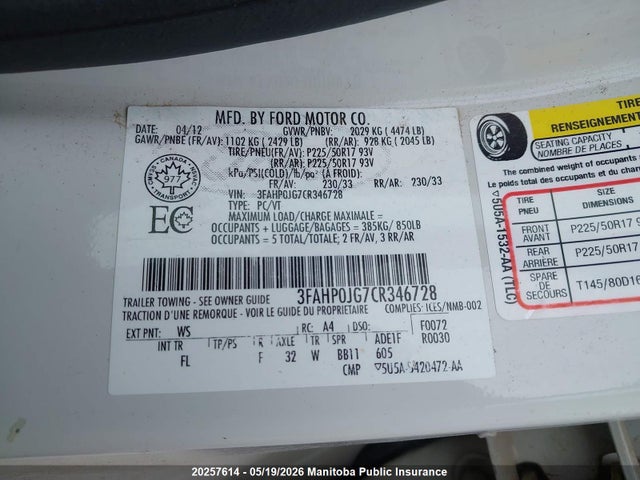 Aukcja sprzedaży 2012 Ford Fusion Sel V6, vin: 3FAHP0JG7CR346728, numer aukcji: 20257614
