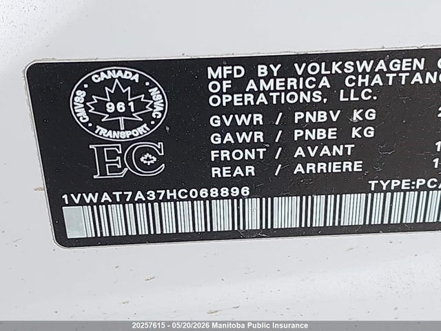 Aukcja sprzedaży 2017 Volkswagen Passat 1.8 Tsi, vin: 1VWAT7A37HC068896, numer aukcji: 20257615