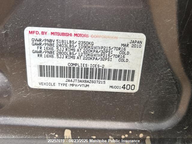 Aukcja sprzedaży 2010 Mitsubishi Outlander Xls, vin: JA4JT3AX8AZ607215, numer aukcji: 20257619
